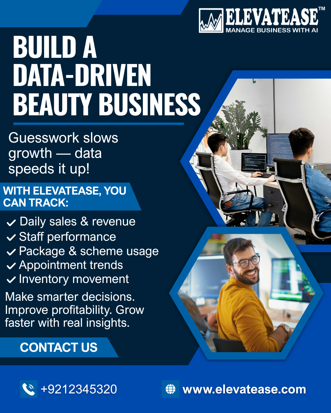 A business intelligence dashboard showing key performance indicators (KPIs) like staff utilization, client retention rate, and peak booking times.
